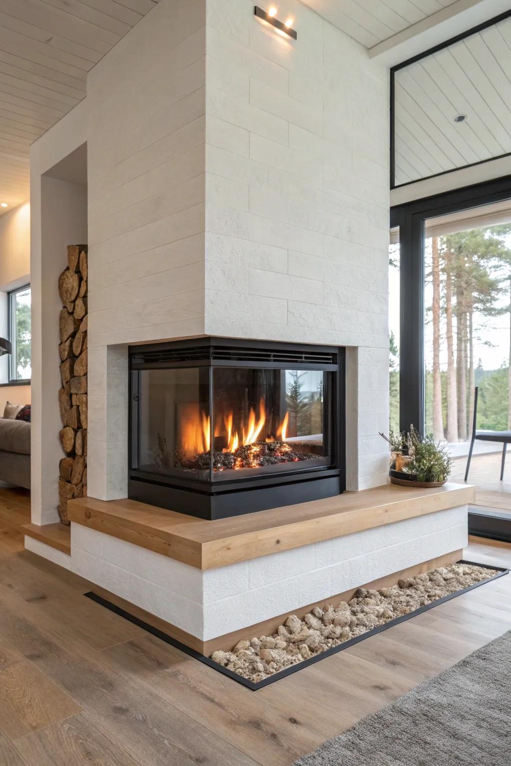 A glass-front corner fireplace with barely-there trim—modern, airy, and beautifully open.