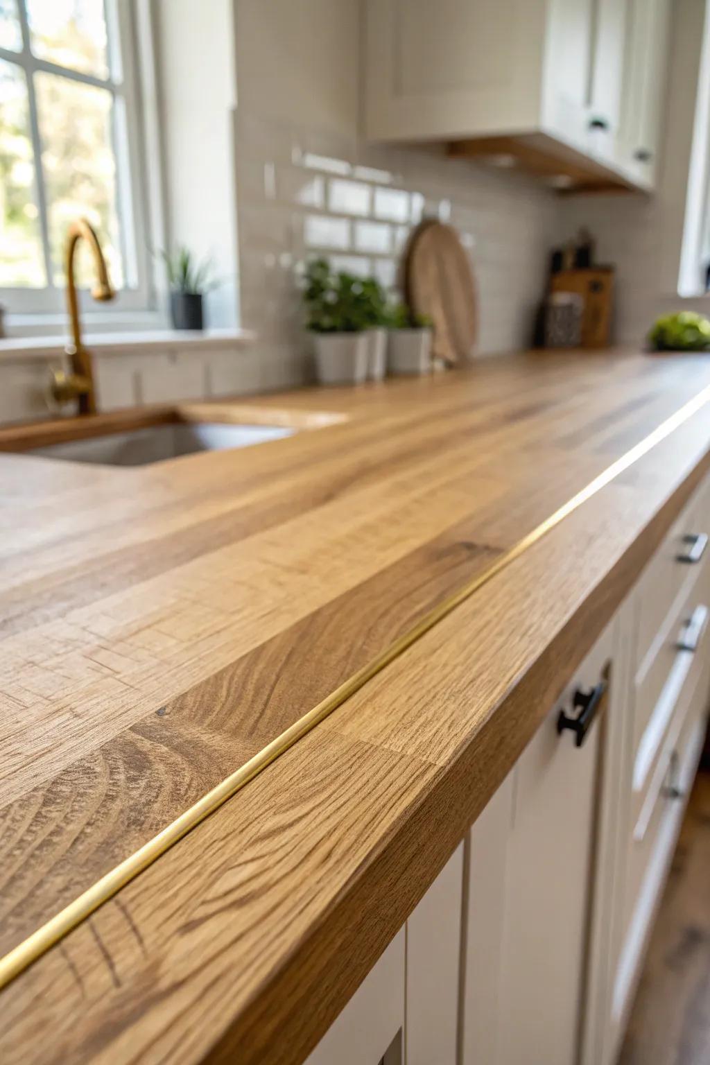 A thin brass inlay adds a crisp modern line to a warm wood countertop—modern farmhouse magic.