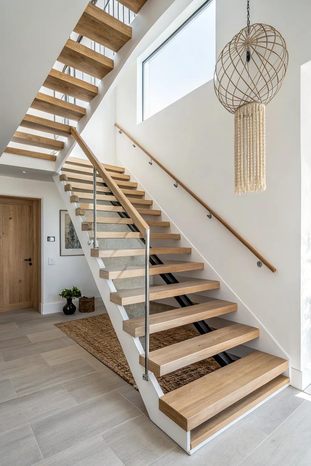 A light, U-shaped floating stair that turns tight entry space into a modern statement.