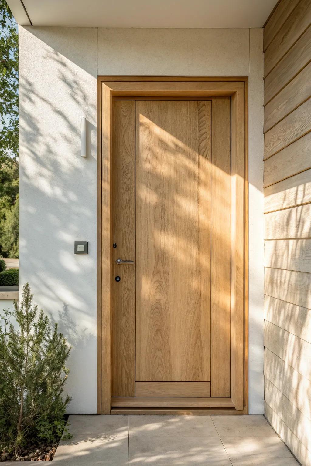 Asymmetrical side band trim: one bold vertical strip that makes an off-center entry feel calm.