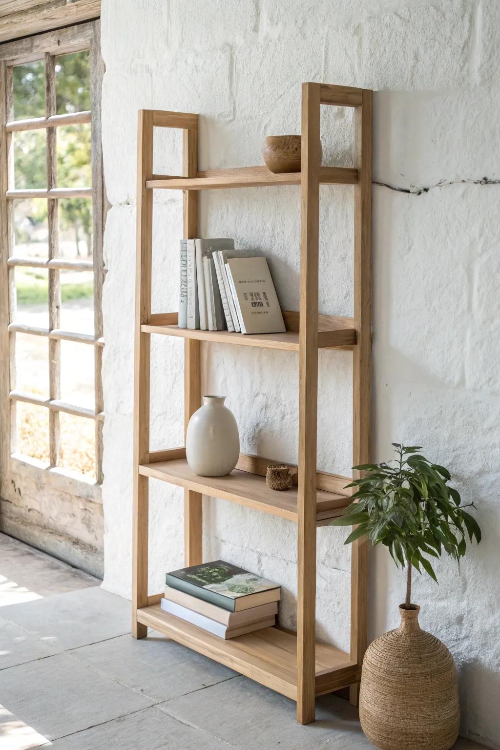 Light oak shelving with a clear finish keeps a modern library airy, warm, and handmade.
