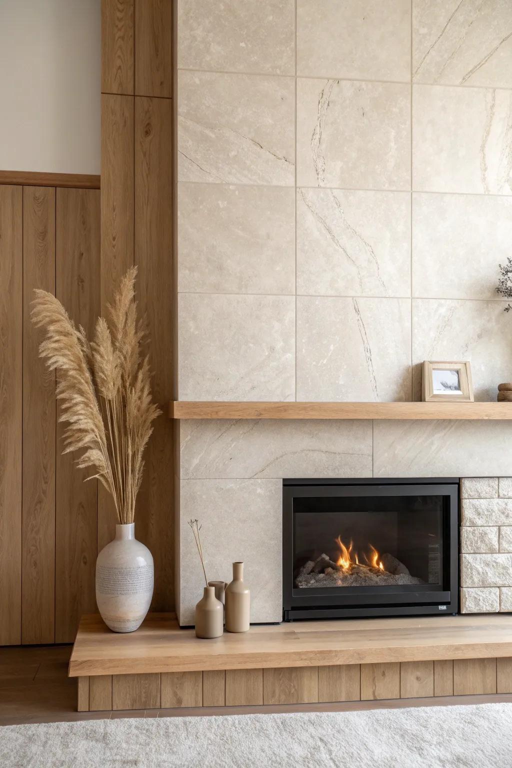 Large-format textured tile fireplace wall with a handmade oak mantel for modern luxe warmth.