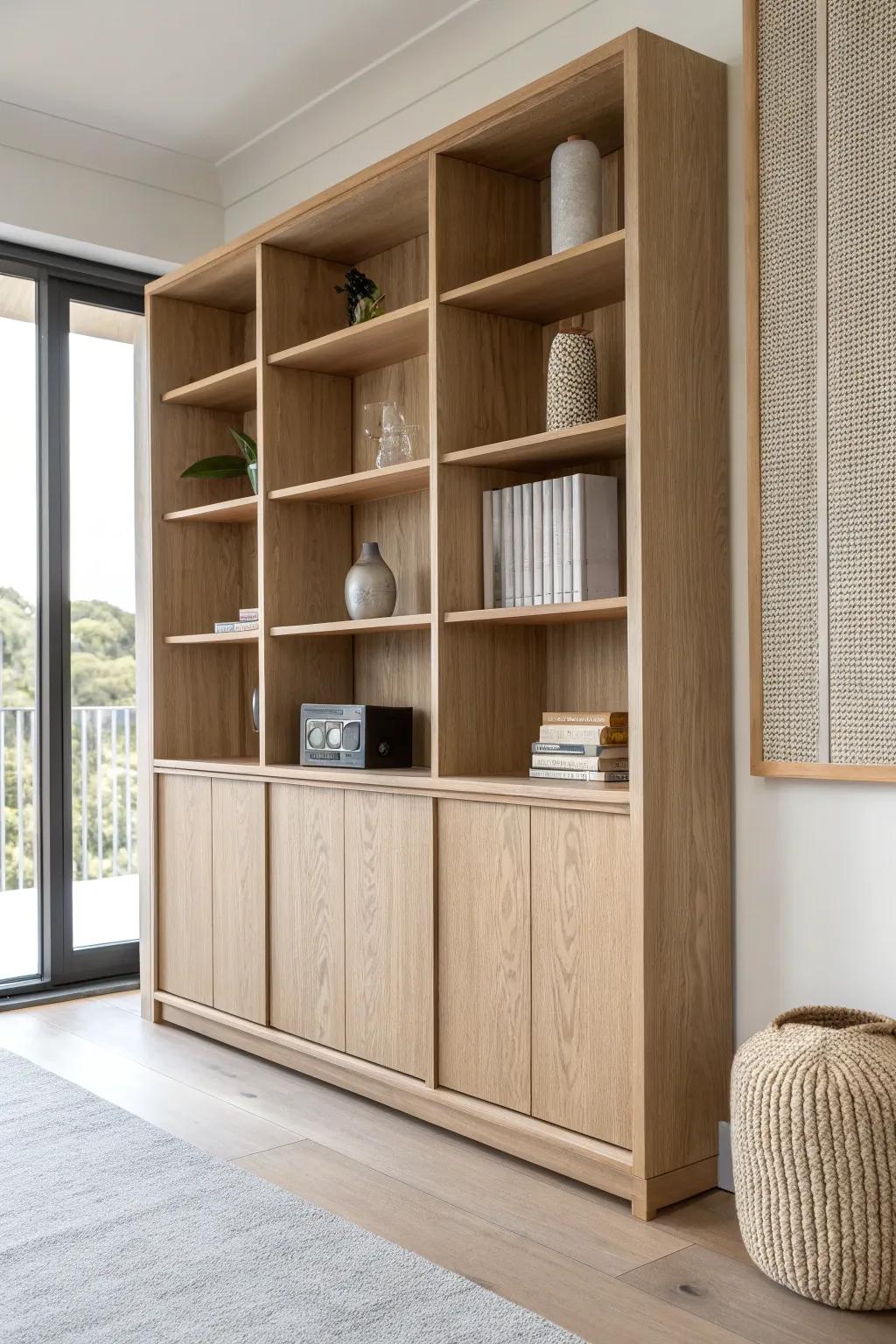 Oak shelving meets soft acoustic panels—calm, crafted storage for a quieter modern home office.