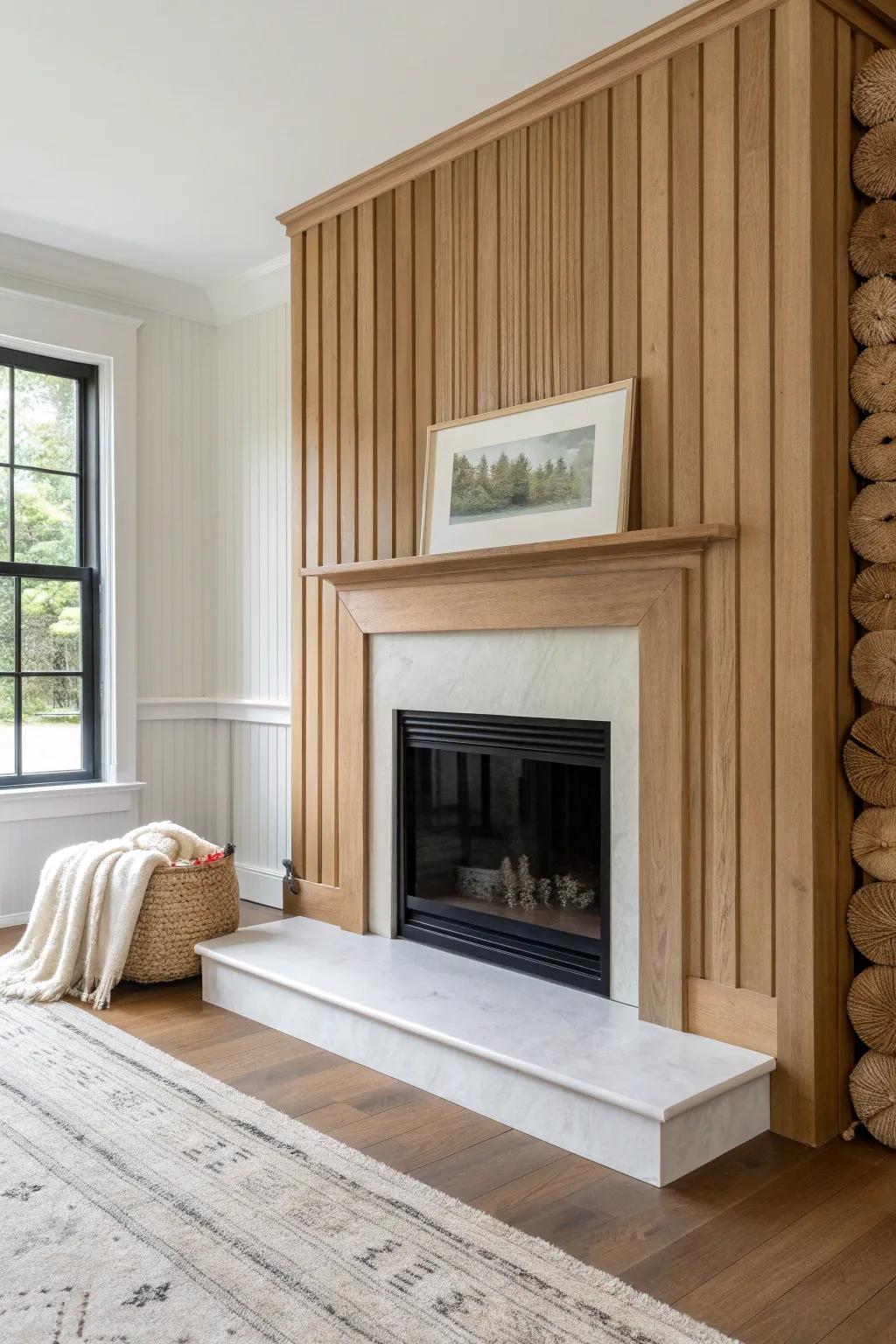 Fluted oak fireplace surround: modern rhythm meets rustic warmth in a calm, minimal setting.