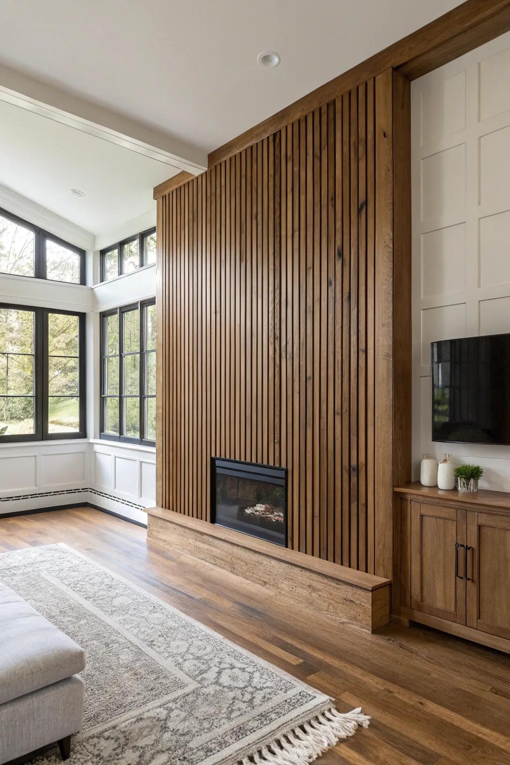 Modern Tudor twist: reclaimed vertical slats echo ceiling beams with clean, current rhythm.