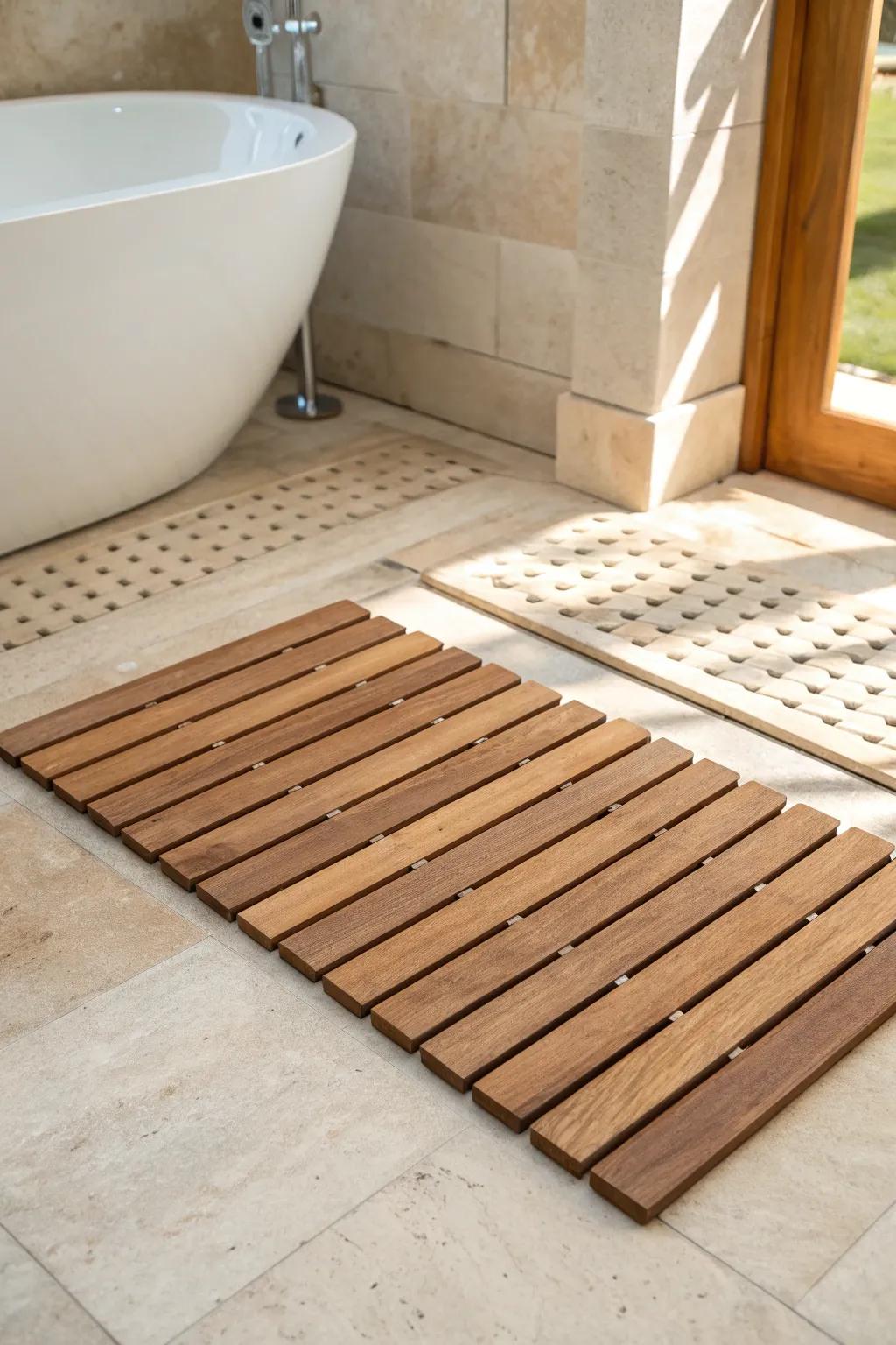 Warm teak-style slat mat brings modern Tuscan comfort to cool stone bathroom floors.