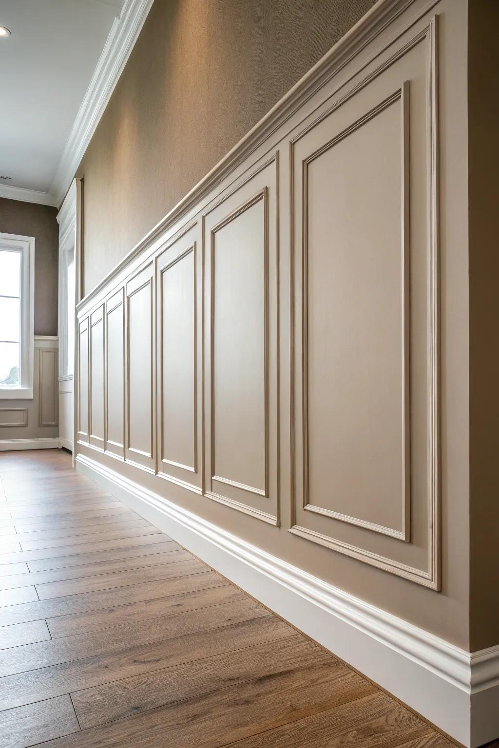 Tone-on-tone wall molding adds modern depth—soft contrast that glows in natural light.