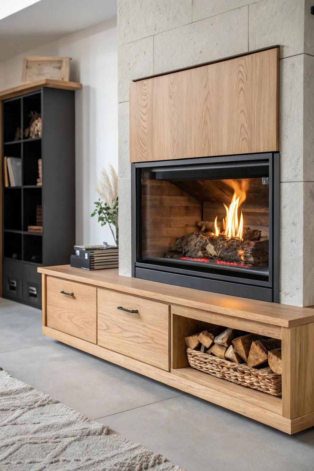 Sleek wood fireplace wall with a hidden push‑latch drawer—clean lines, cozy function.