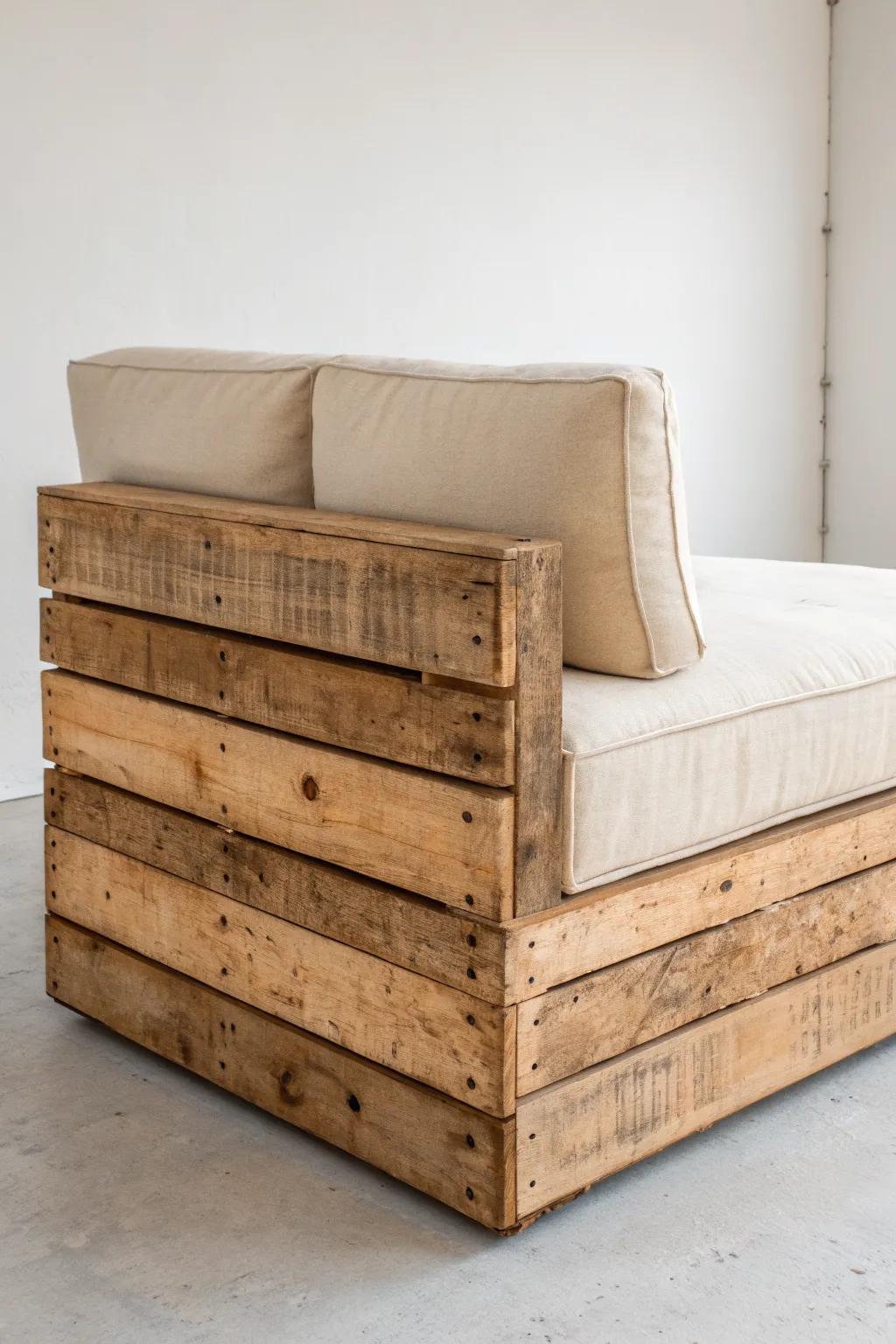 Reclaimed pallet-style modular base—rustic grain meets clean Scandinavian lines in one piece.