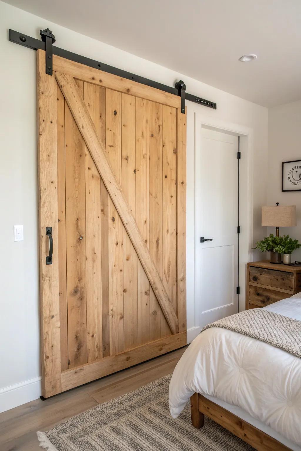 Reclaimed-wood sliding barn door brings mountain-cabin charm and saves space in small bedrooms.