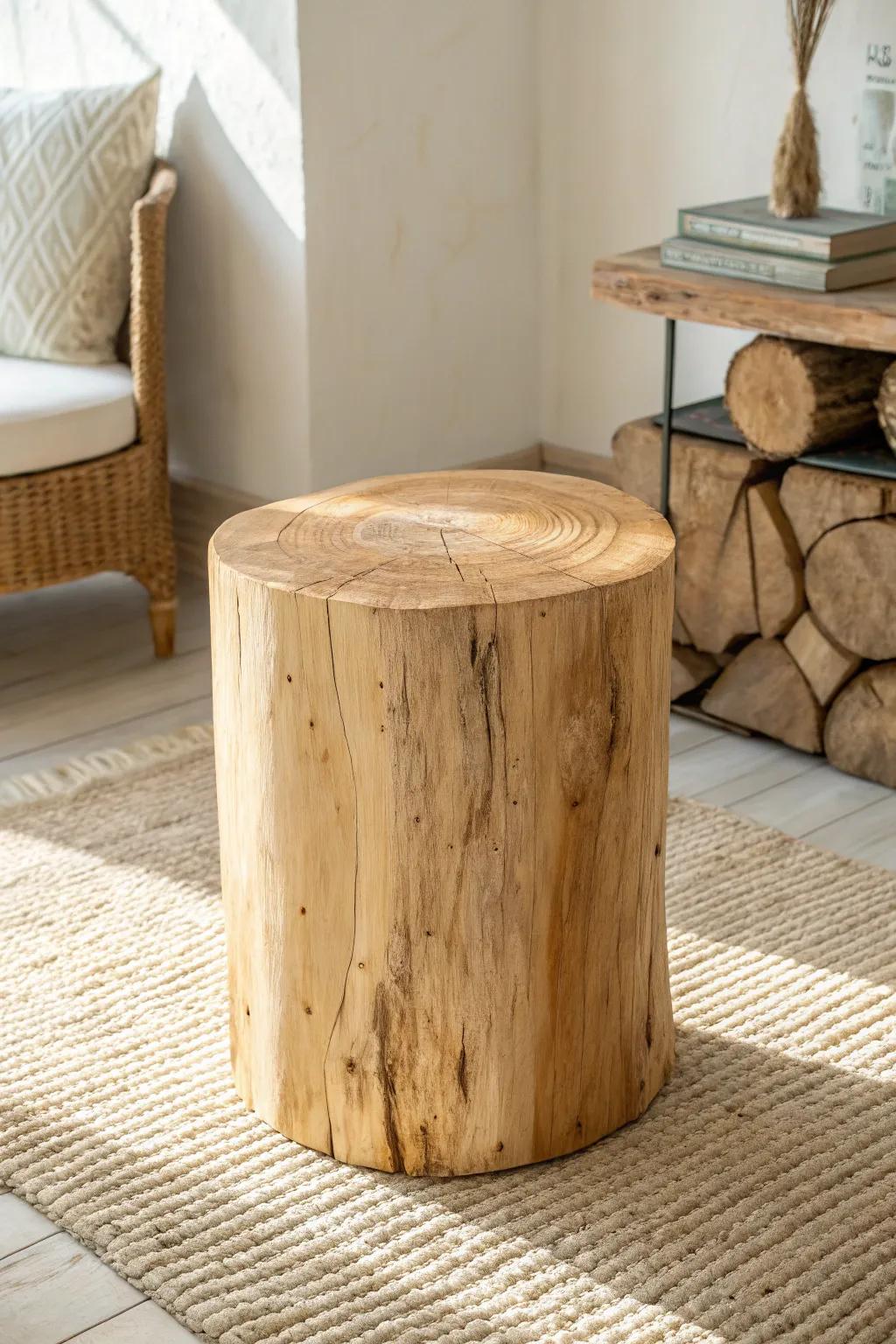 Polished tree-stump side table: rustic mountain charm with clean Scandinavian simplicity.