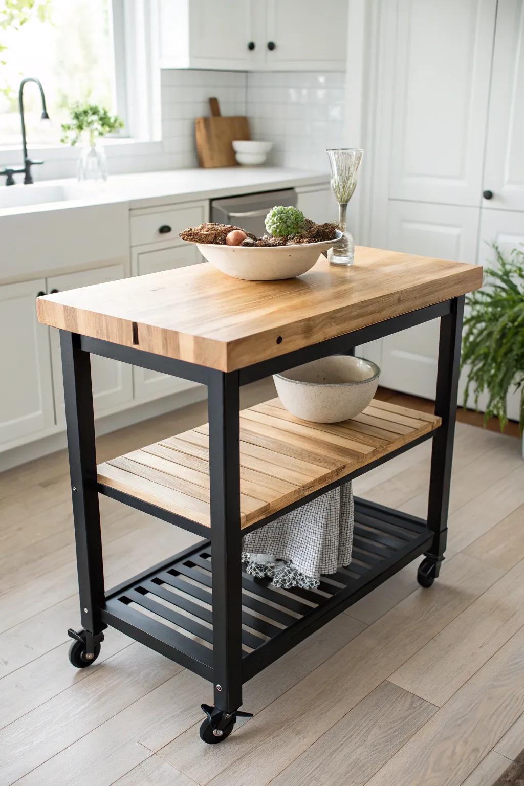 Warm oak top meets matte black steel—an industrial rolling island with airy, open storage.