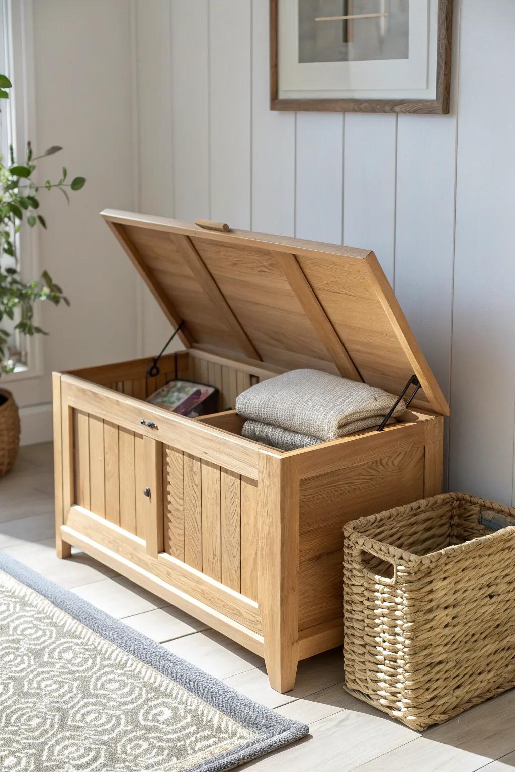 A lift-top oak bench cabinet that hides bulky mudroom gear in calm, crafted style.