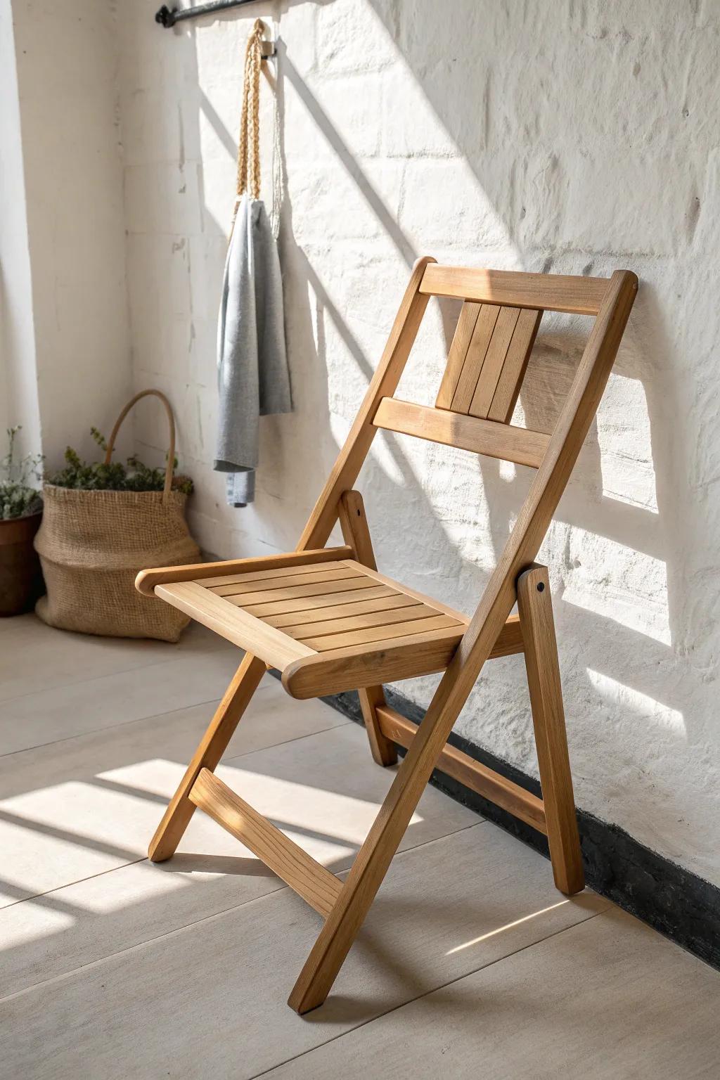 A folding chair that hangs like wall art—beautiful, minimal, and ready for extra seating.
