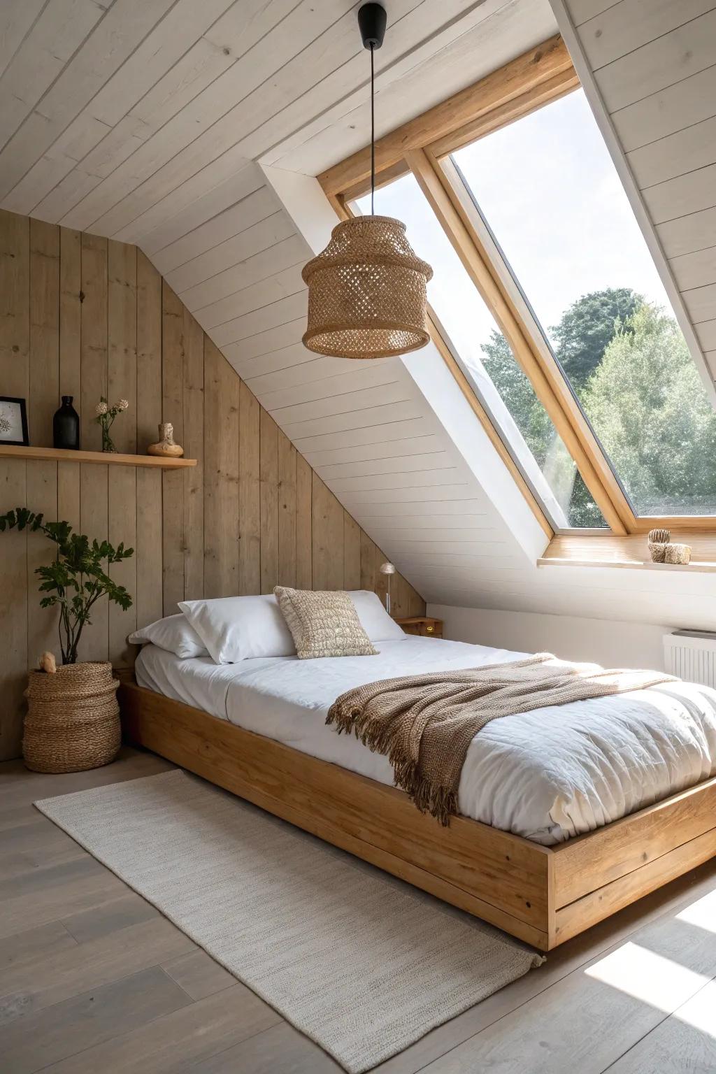 A snug oak pod bed under attic eaves—storybook comfort with clean Scandinavian craft.