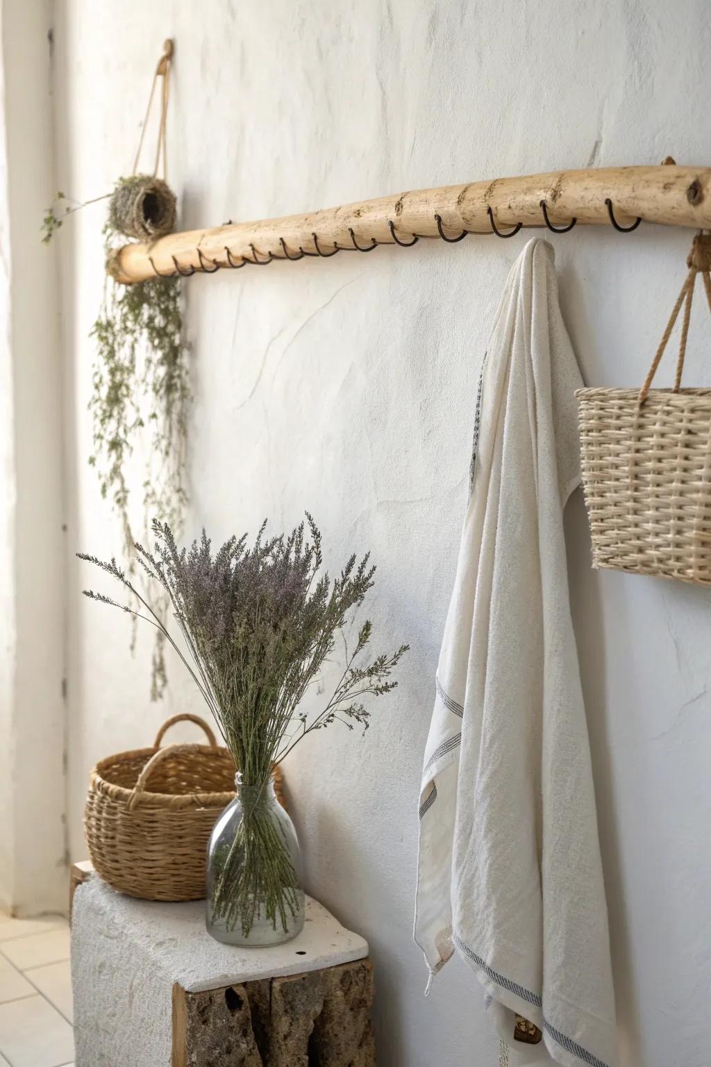 A sanded branch rail turns simple dried florals and baskets into effortless natural decor.
