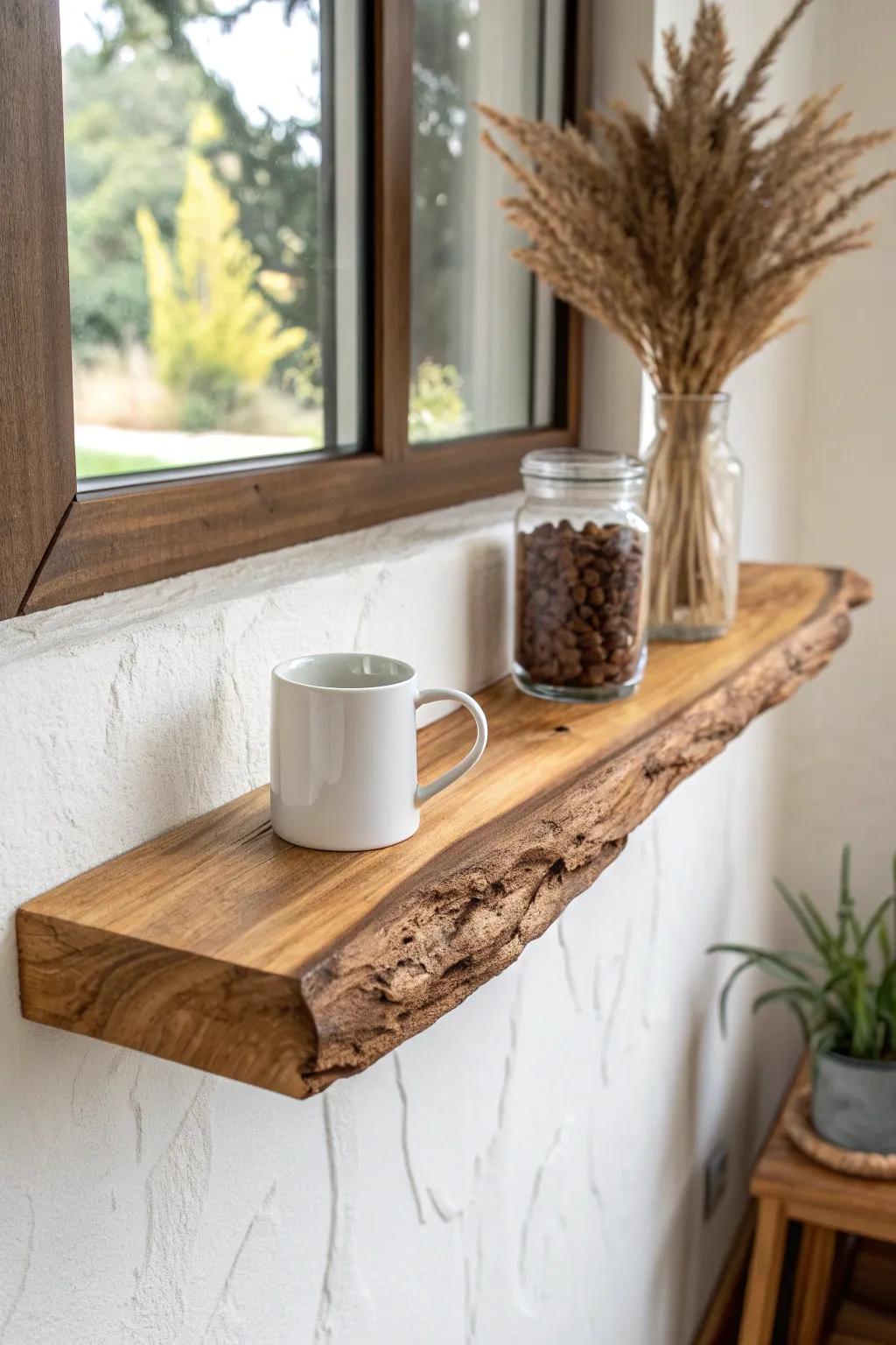 Live-edge shelf coffee nook: forest-meets-minimal magic in warm, sunlit window light.