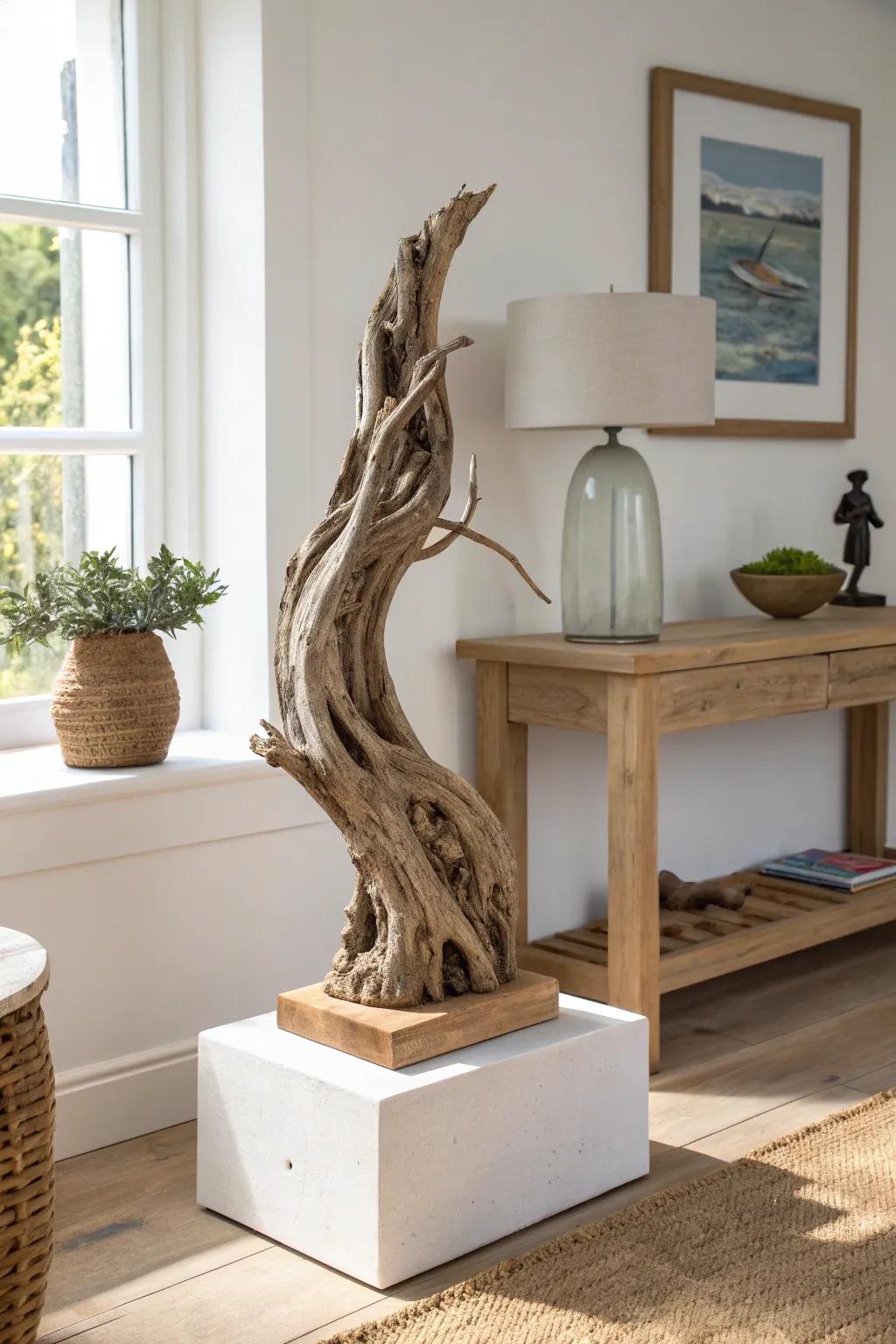 A sculptural driftwood statement—simple base, wild grain, and effortless coastal calm.