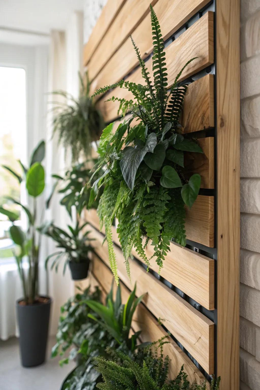 Turn your shower into a rainforest spa with a handcrafted oak living wall panel of lush greens.