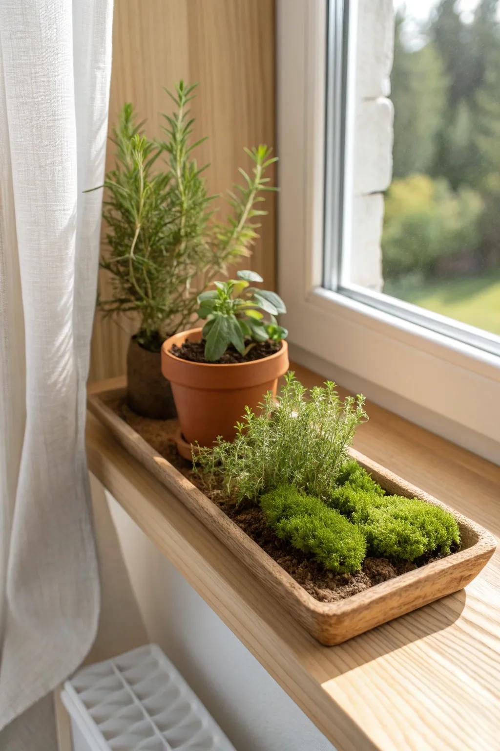 A tiny oak shelf herb-and-moss nook that instantly brings greenhouse calm to your living room.