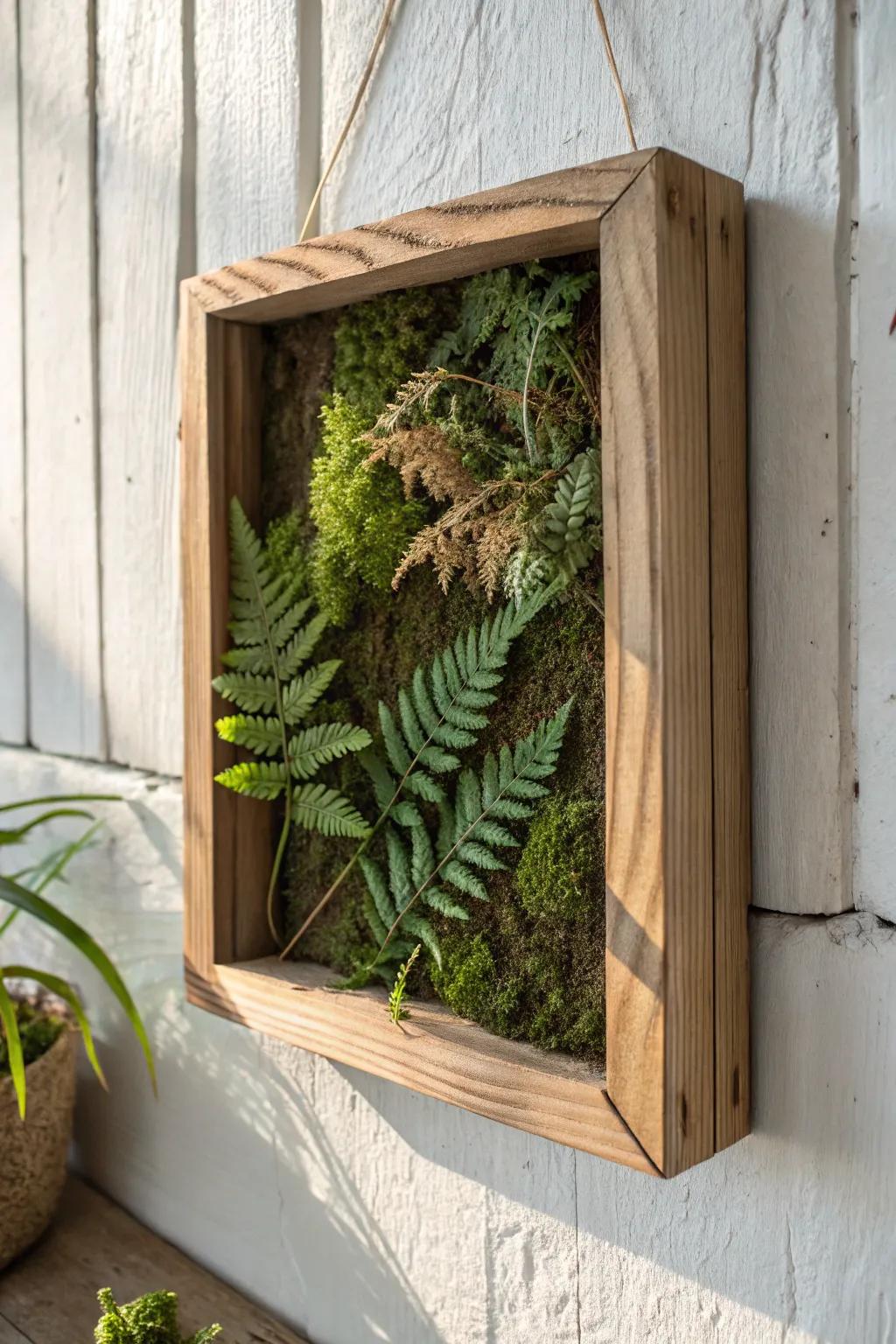 A mossy shadow box in reclaimed wood—minimalist, boho, and like a tiny forest on your wall.