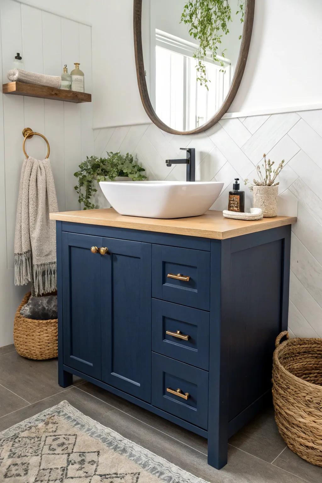 A space-saving corner navy vanity with angled drawers—minimal, warm, and beautifully crafted.
