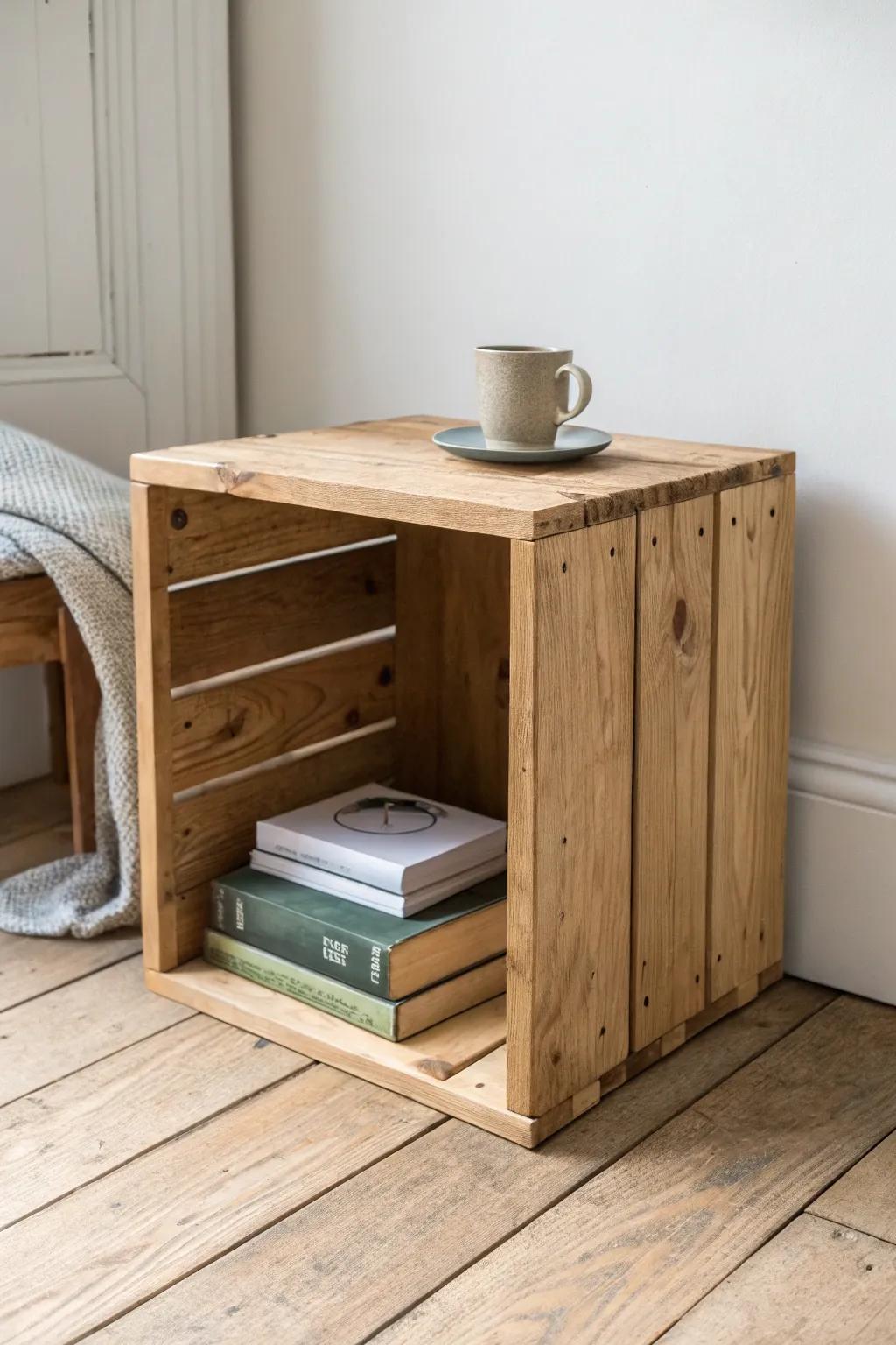 Rustic crate cube nightstand: simple, handcrafted charm with airy Scandinavian boho style.