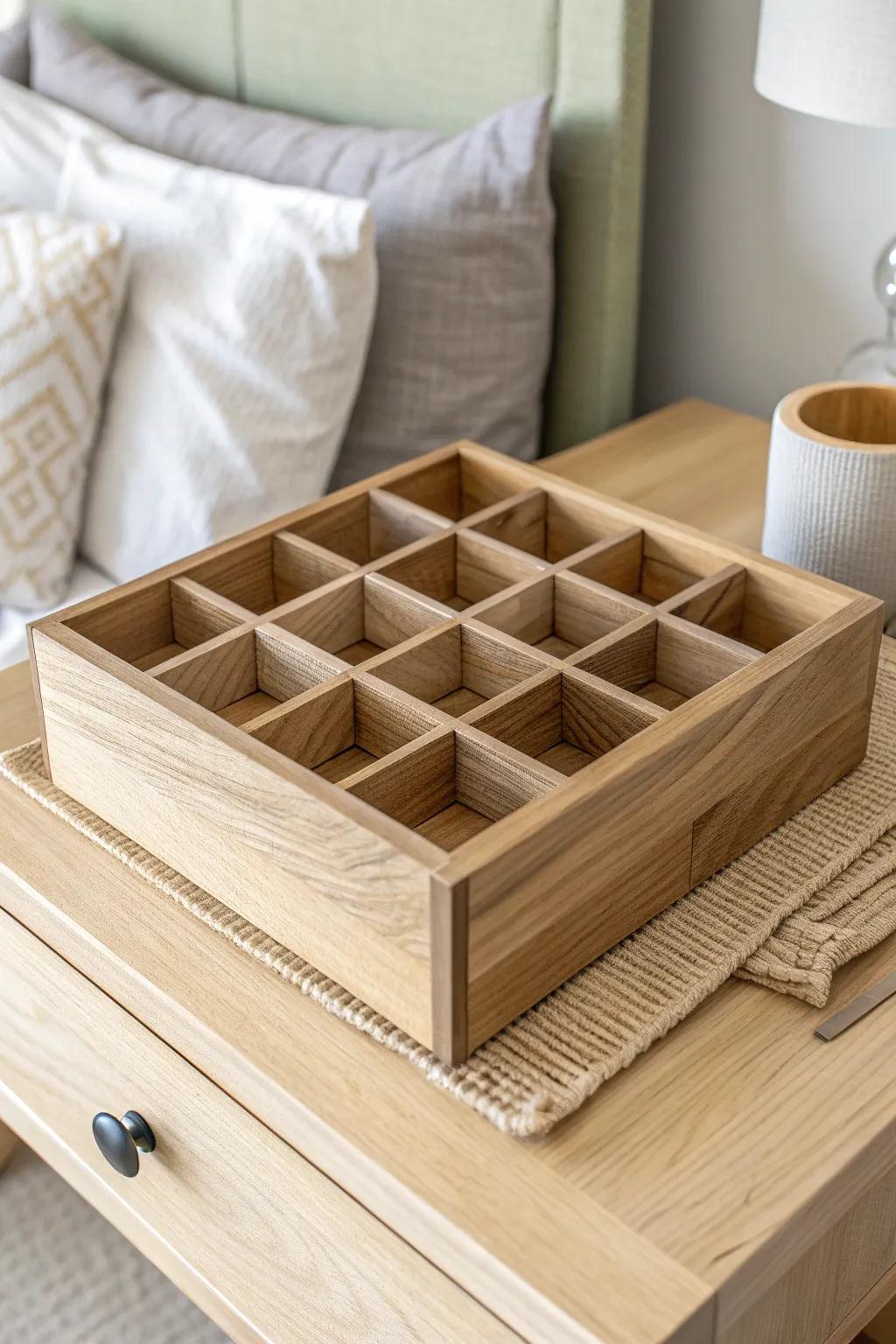Scrap-wood drawer grid: a beautiful, minimalist way to keep nightstand essentials in place.