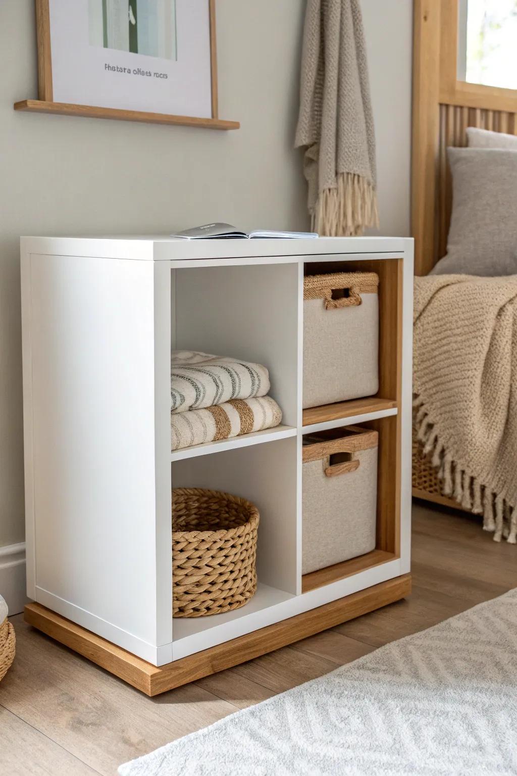A simple oak trim frame turns basic nursery cube storage into a built-in look.