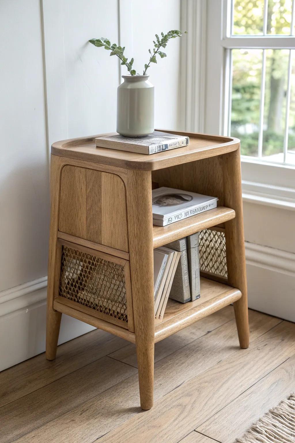A slim oak side table with a built-in book ledge keeps bedtime favorites within reach.