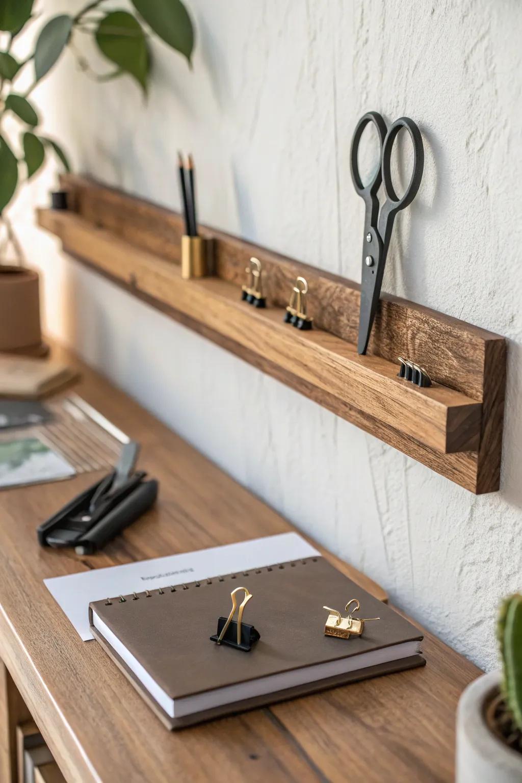 A slim magnetic wood strip makes tiny tools float in style—minimal desk decor with a satisfying click.