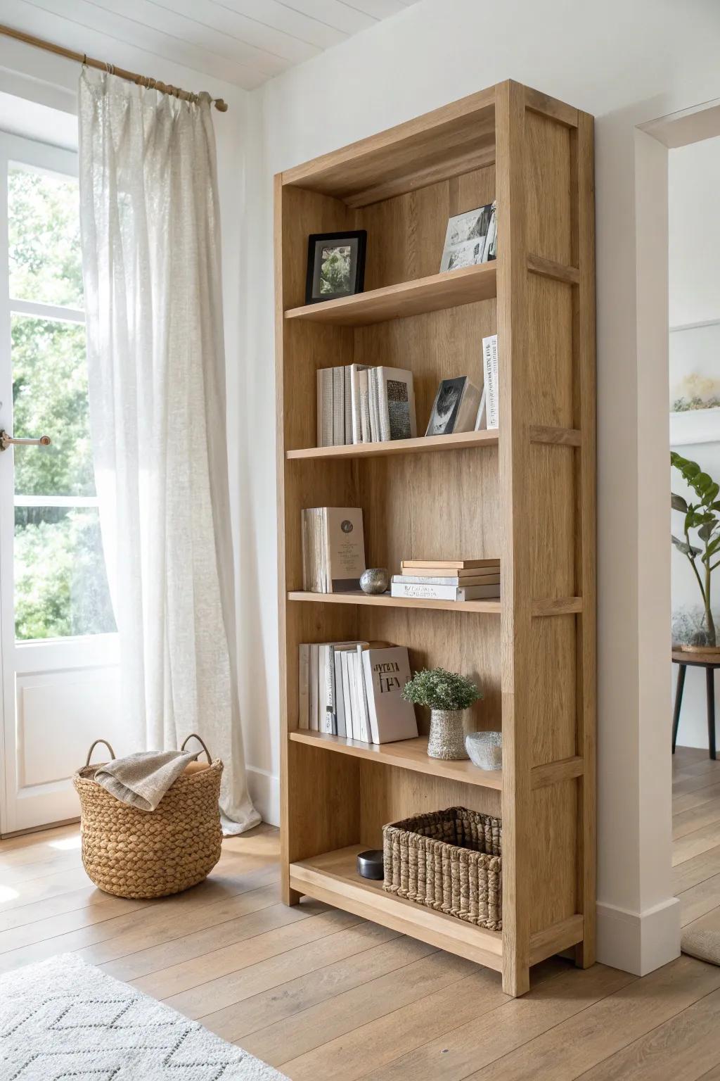 A double-sided bookcase divider creates an office library zone—beautiful from both sides.
