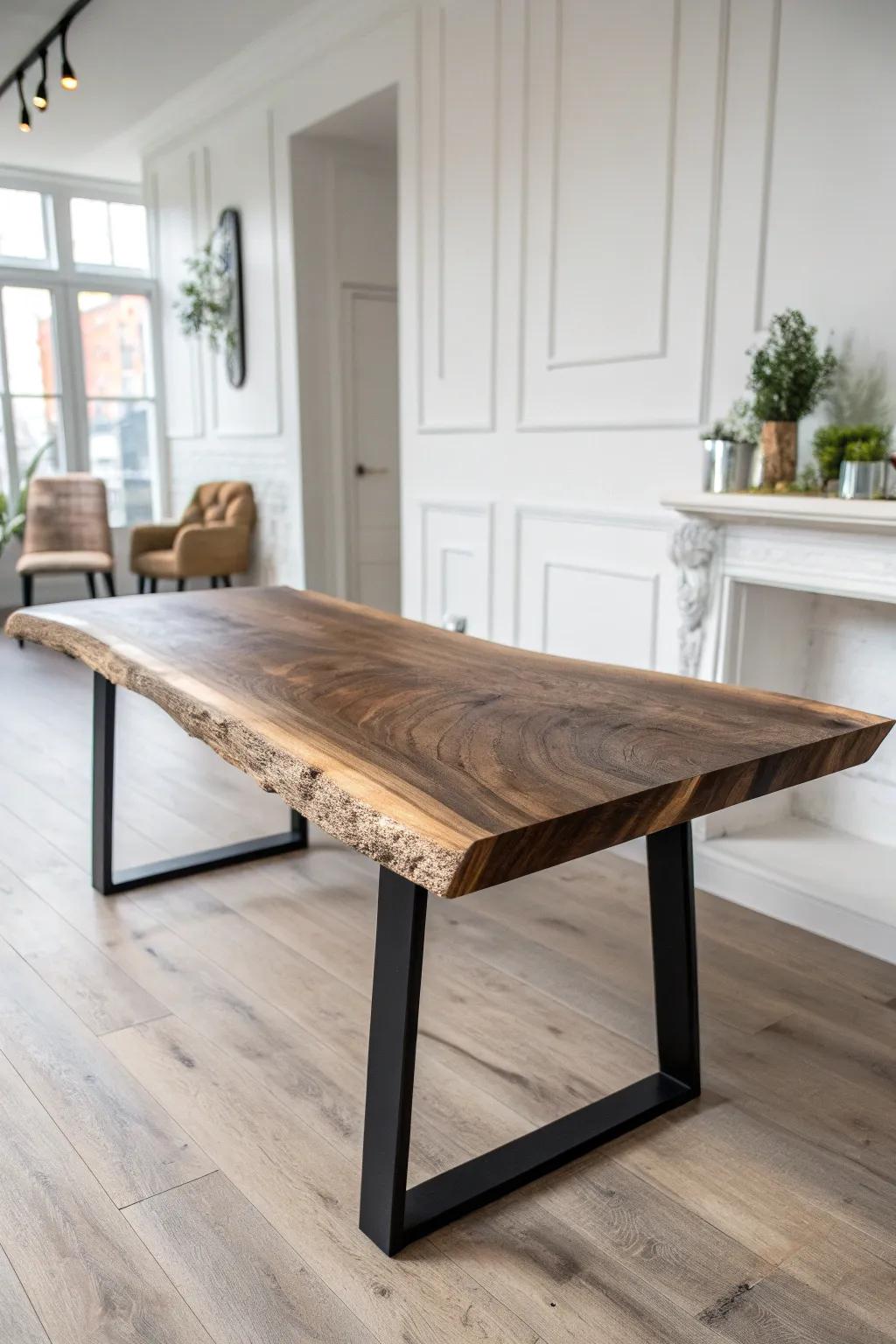 A sculptural live-edge slab table brings warmth and craft to a minimalist office lobby.