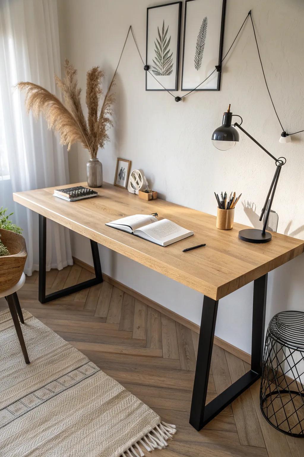 A long oak countertop desk creates calm, shared workspace harmony—minimal, warm, organized.