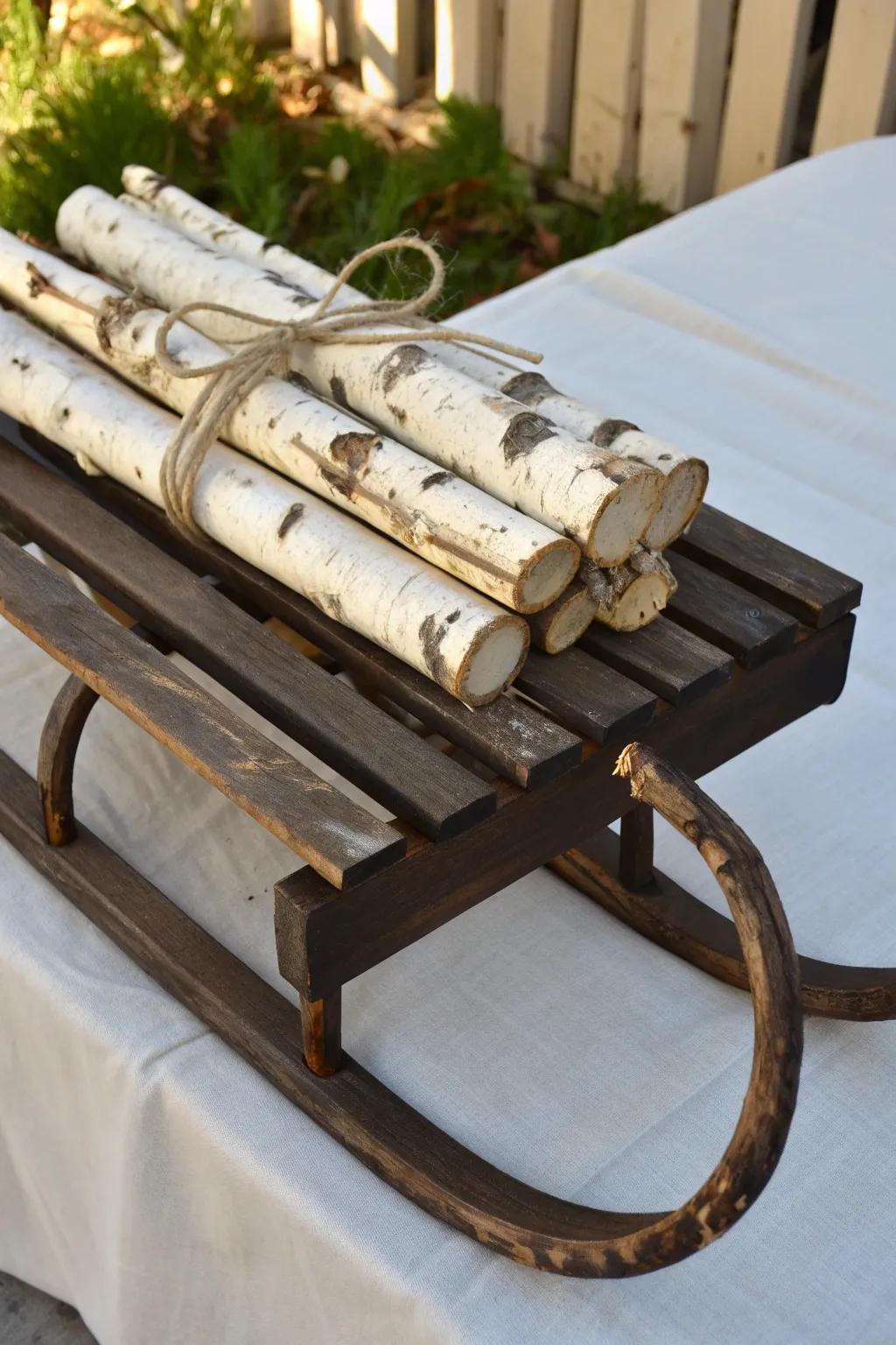 Birch sticks tied with jute twine—an easy sled topper with warm, woodland charm.