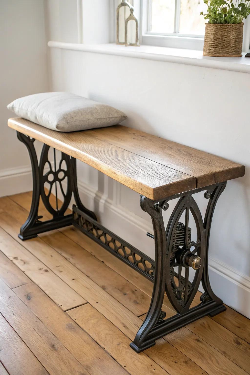 Vintage sewing machine legs turned into a sleek oak entry bench—minimal, useful, timeless.