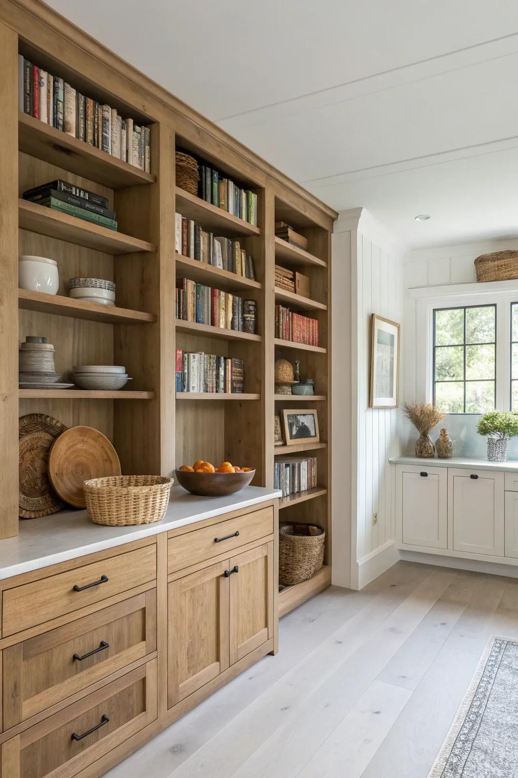 Old-world charm meets minimalism: built-in kitchen library shelves with warm oak and pottery.