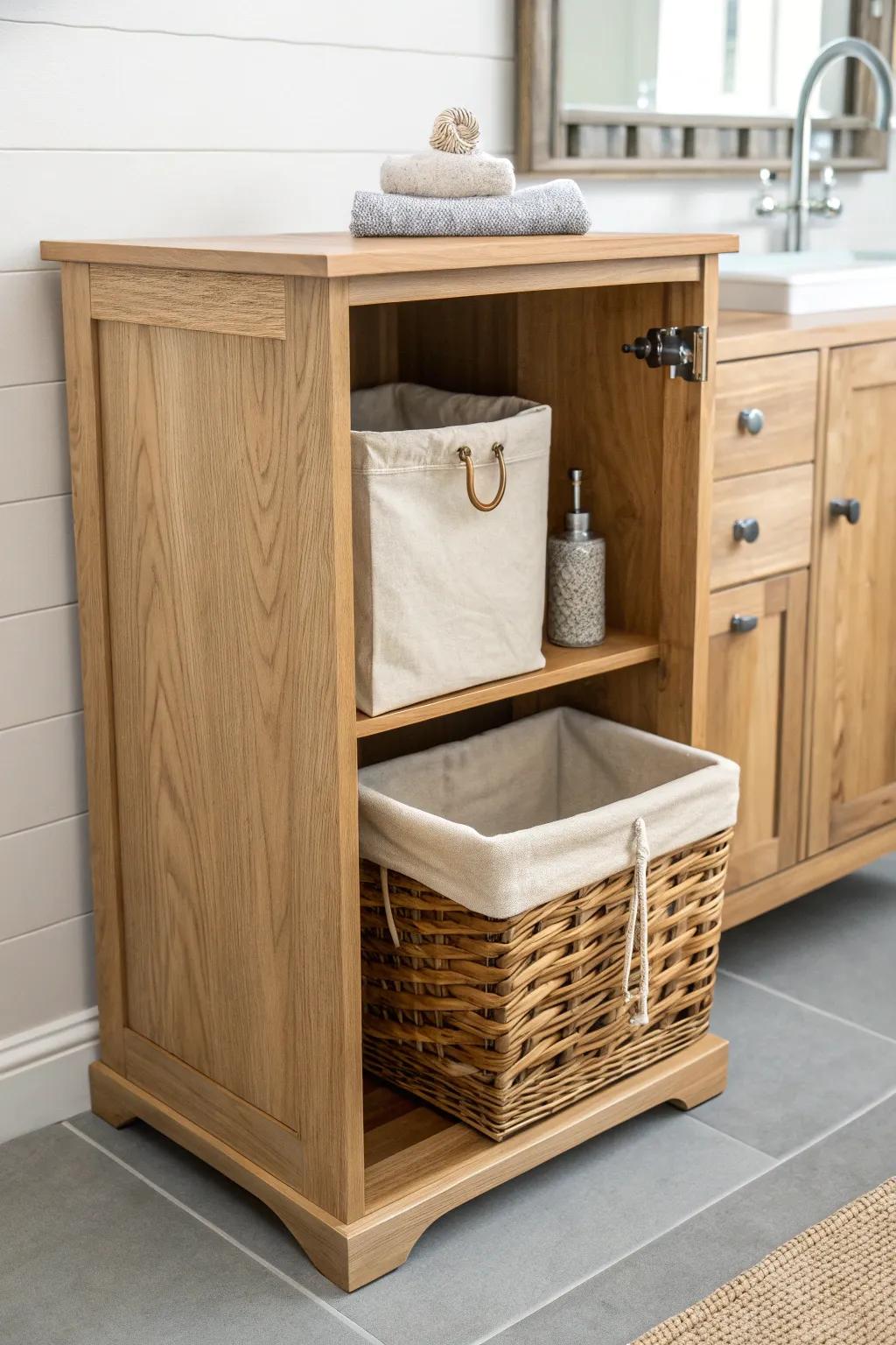 Open oak cabinet with a hidden hamper cubby—laundry tucked away, bathroom instantly calmer.