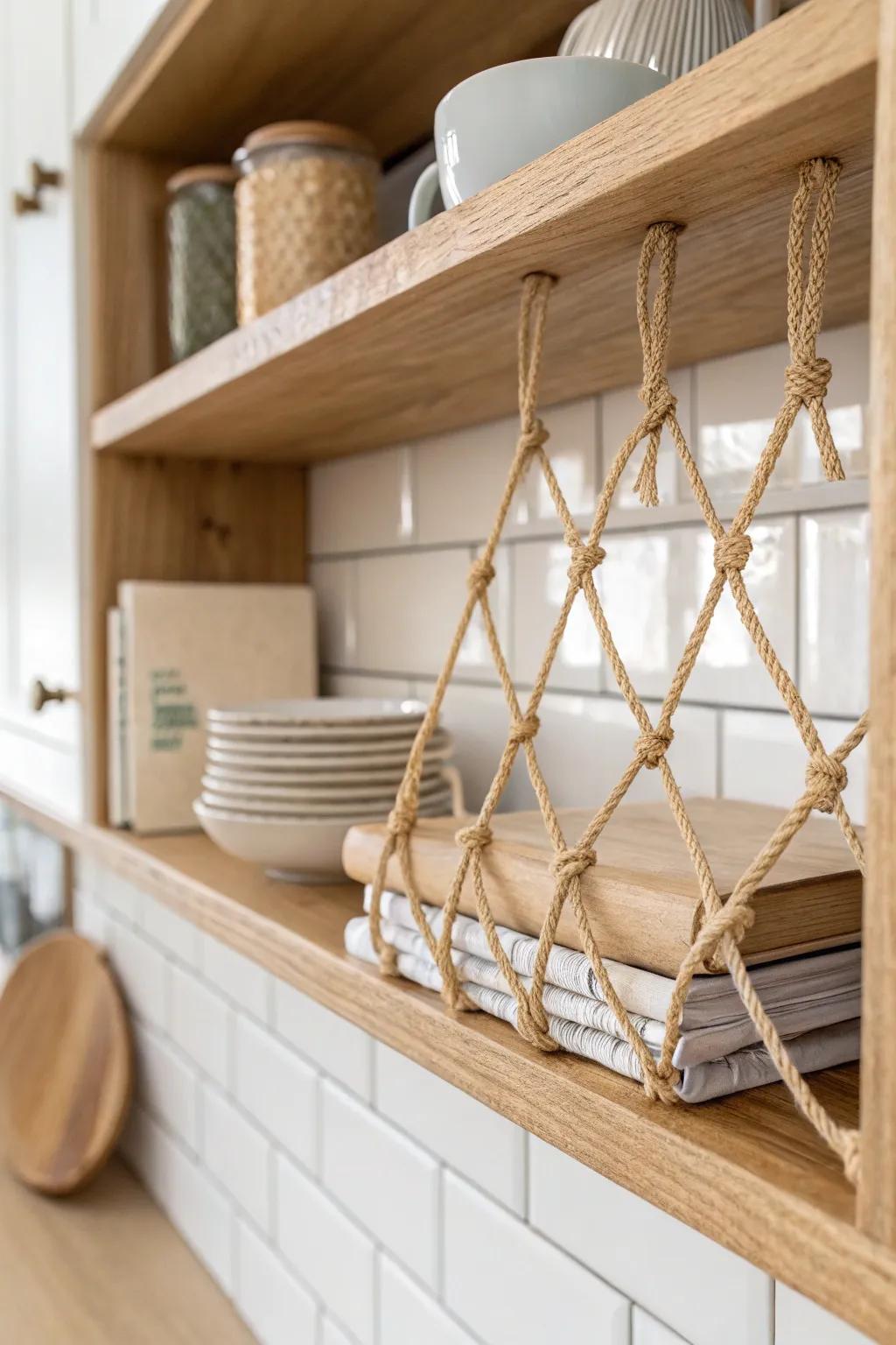 Add a simple rope guard to open shelves—keeps platters and cookbooks secure and stylish.