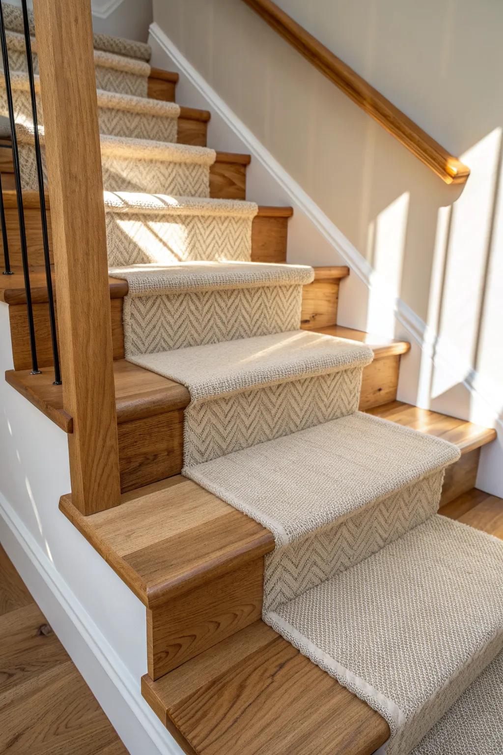 Mitered carpet edges make winder steps look seamless, intentional, and beautifully crafted.
