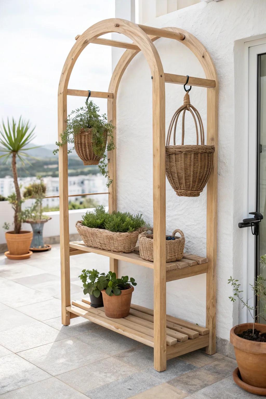 Arbor-style plant stand with shelf and hanging baskets—your patio’s vertical garden moment.
