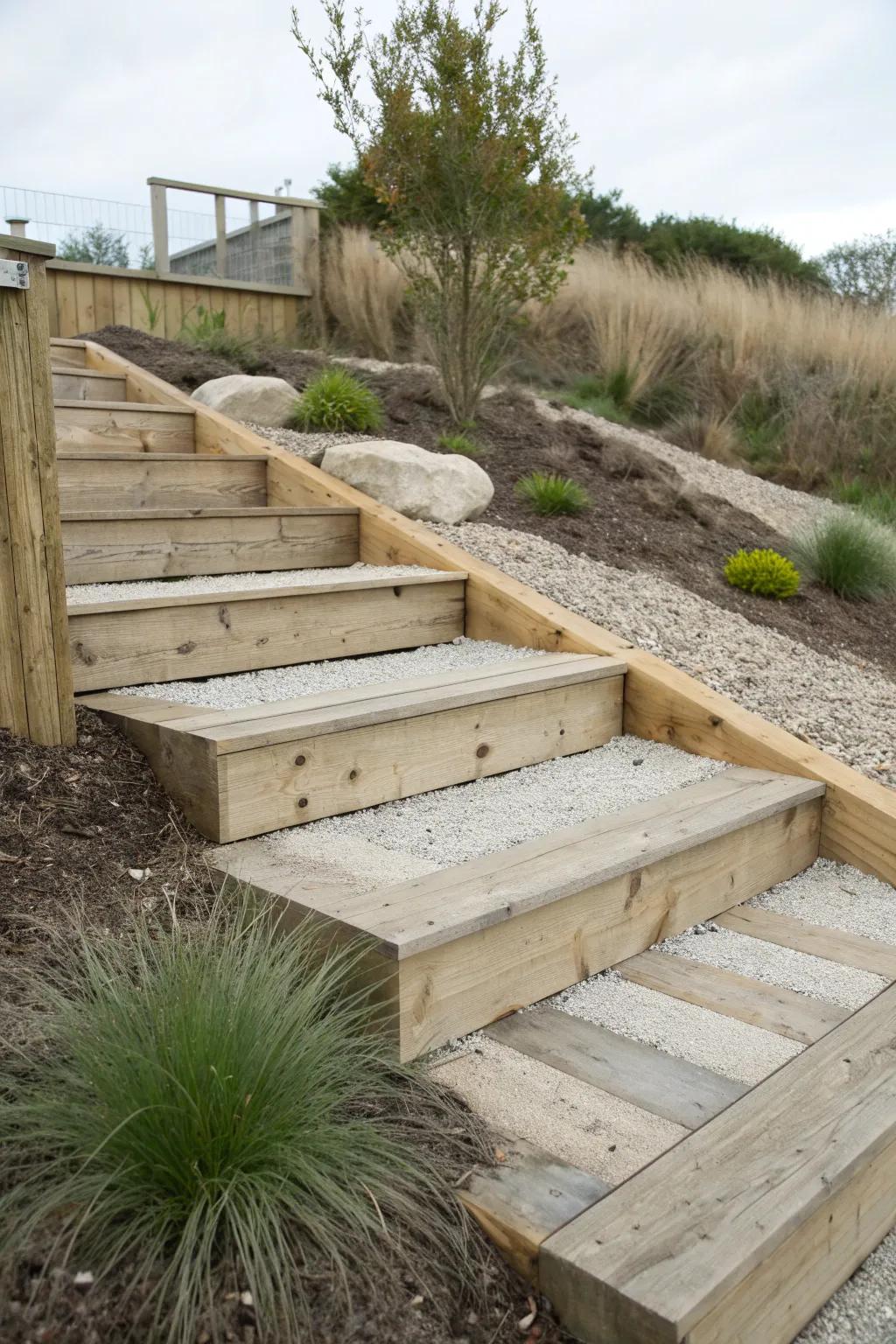Timber-framed gravel steps that drain well and blend naturally into a hillside path.