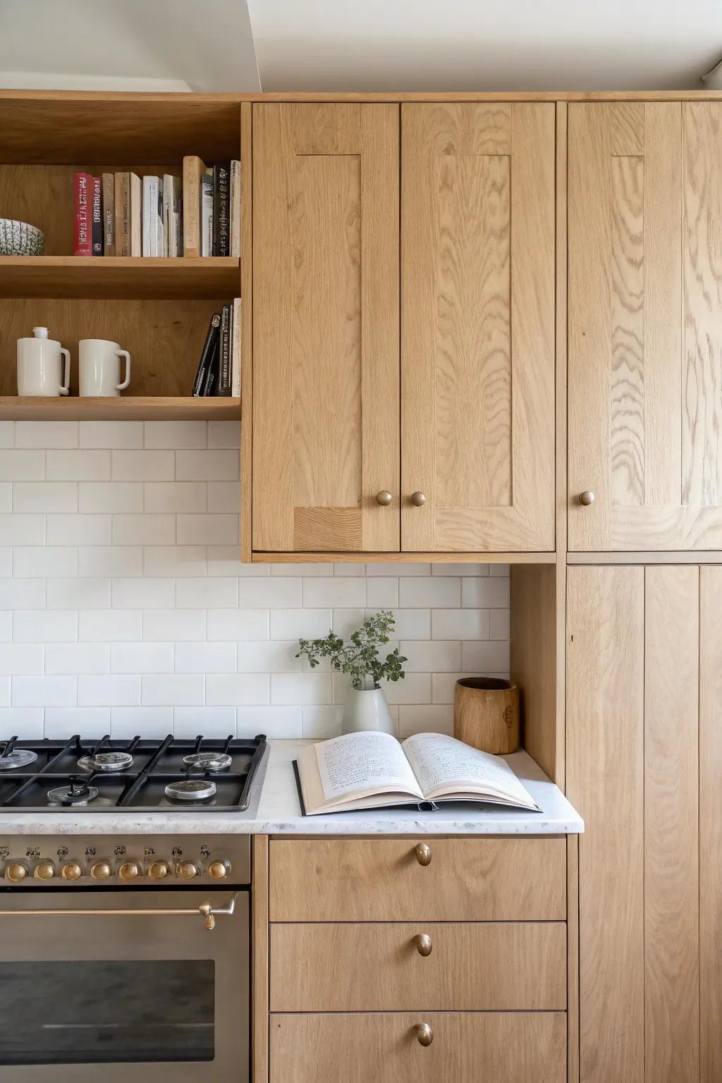 Flip-down wooden recipe ledge: a clean, handy spot for cookbooks right under the cabinet.