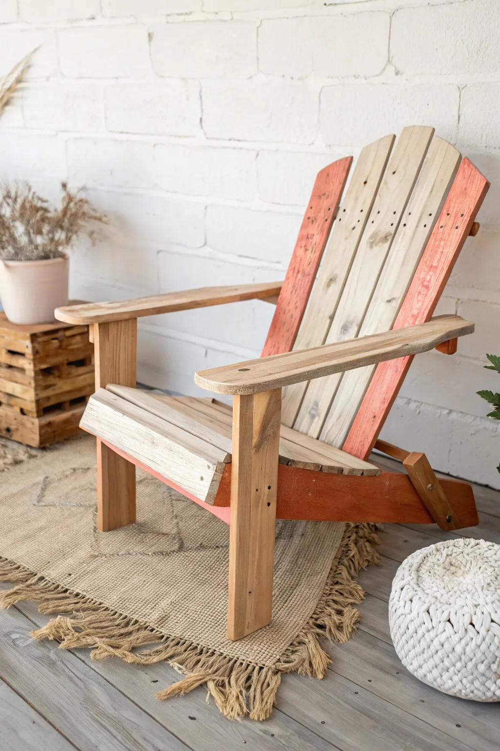 Weathered wood meets terracotta dips—modern, playful Adirondack charm with handmade warmth.