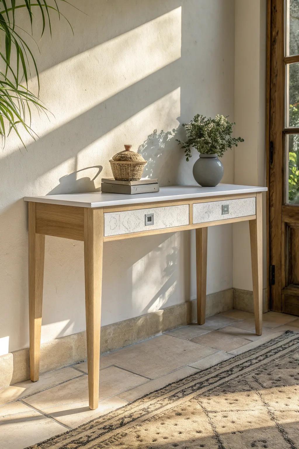 Faux inlay magic: painter’s tape lines + warm white over gray for a chic console upgrade.