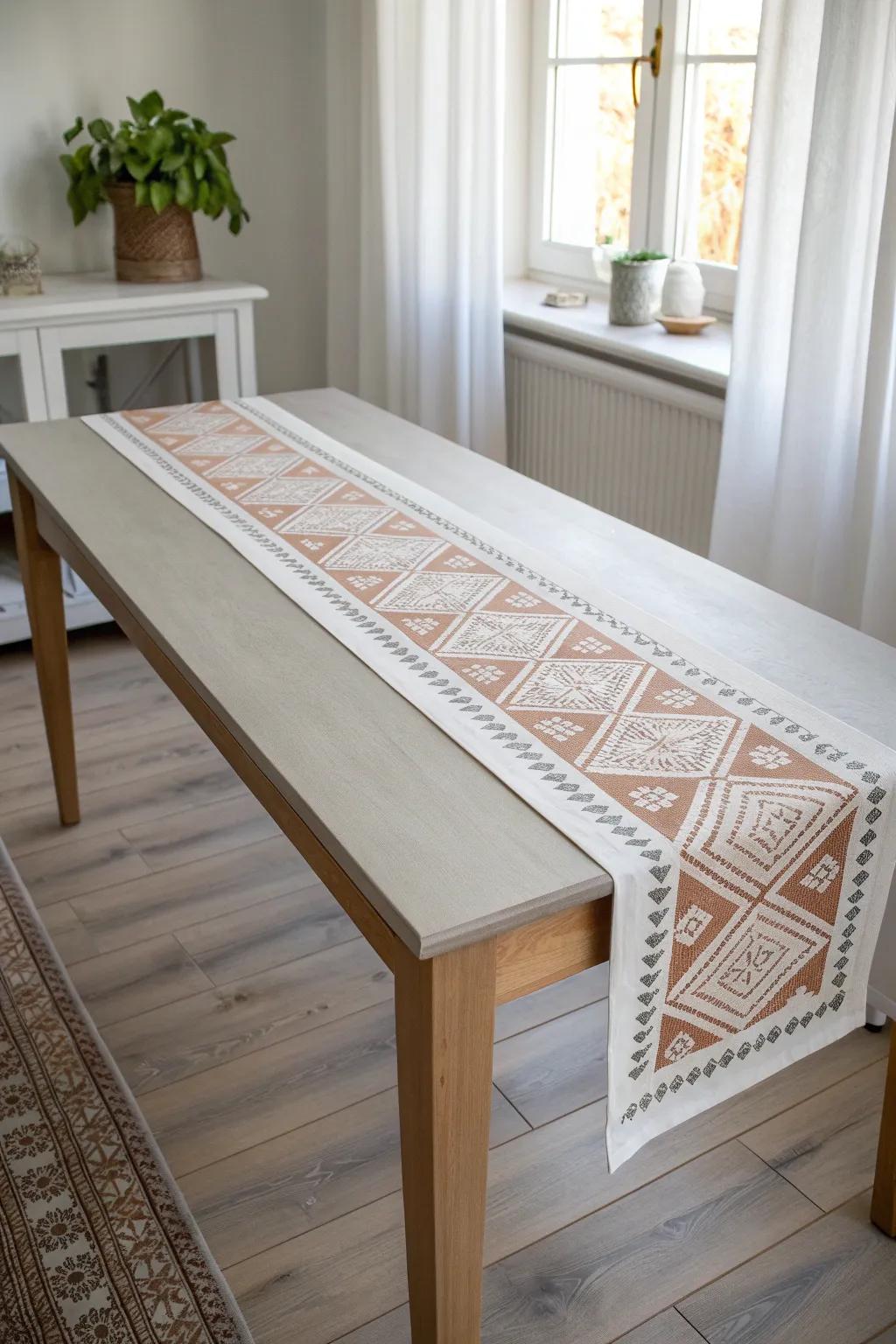 A painted dining table with a stenciled center runner—built-in style that stays practical.