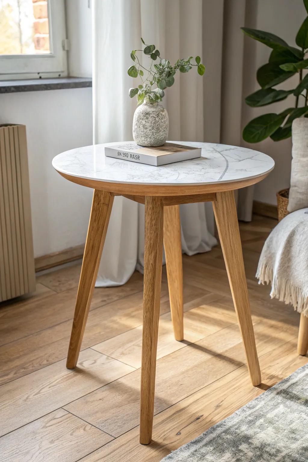 Faux marble painted end-table top: soft gray veining that hides scratches beautifully.