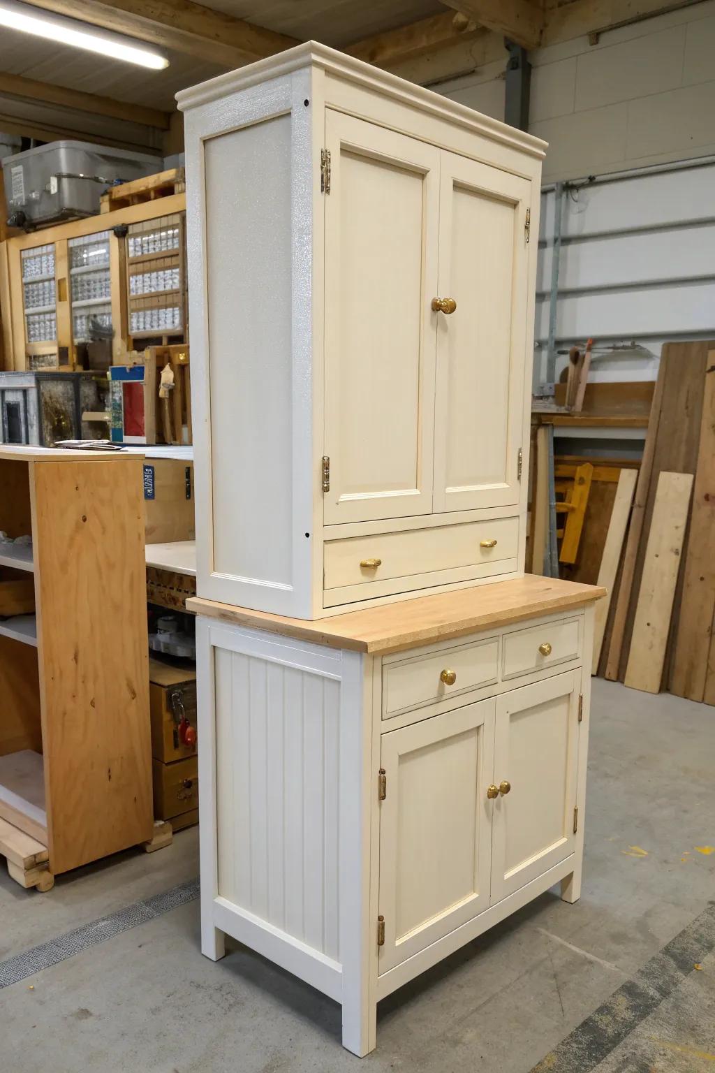 A soft glaze in the grooves adds depth to a painted Hoosier cabinet—clean, warm, and refined.