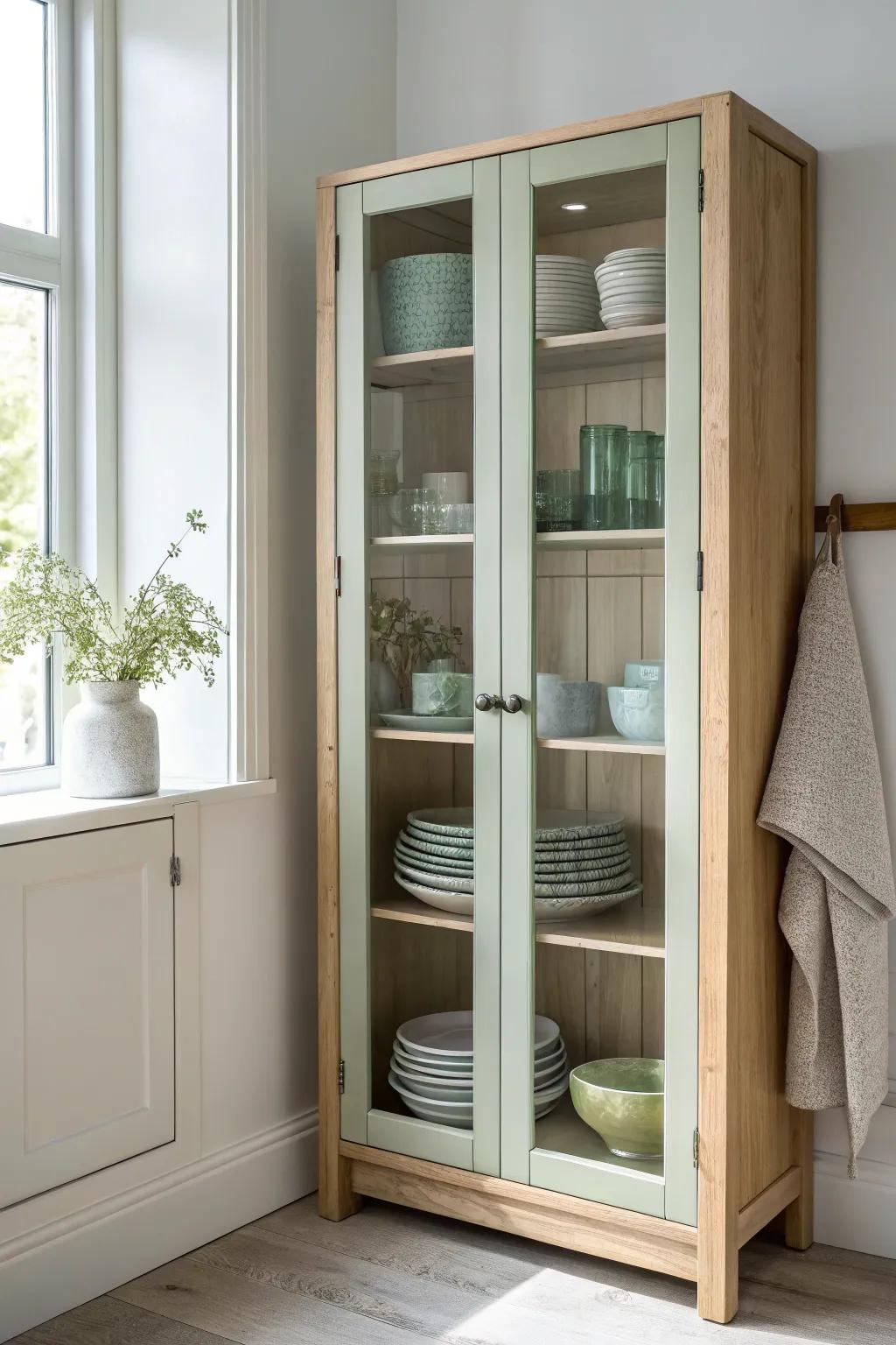 A soft sage surprise behind glass turns everyday dishes into a calm, curated display.