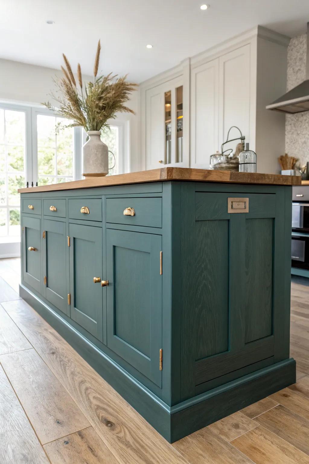 Bold paint, classic Shaker lines—this island brings crisp craftsmanship and calm contrast.